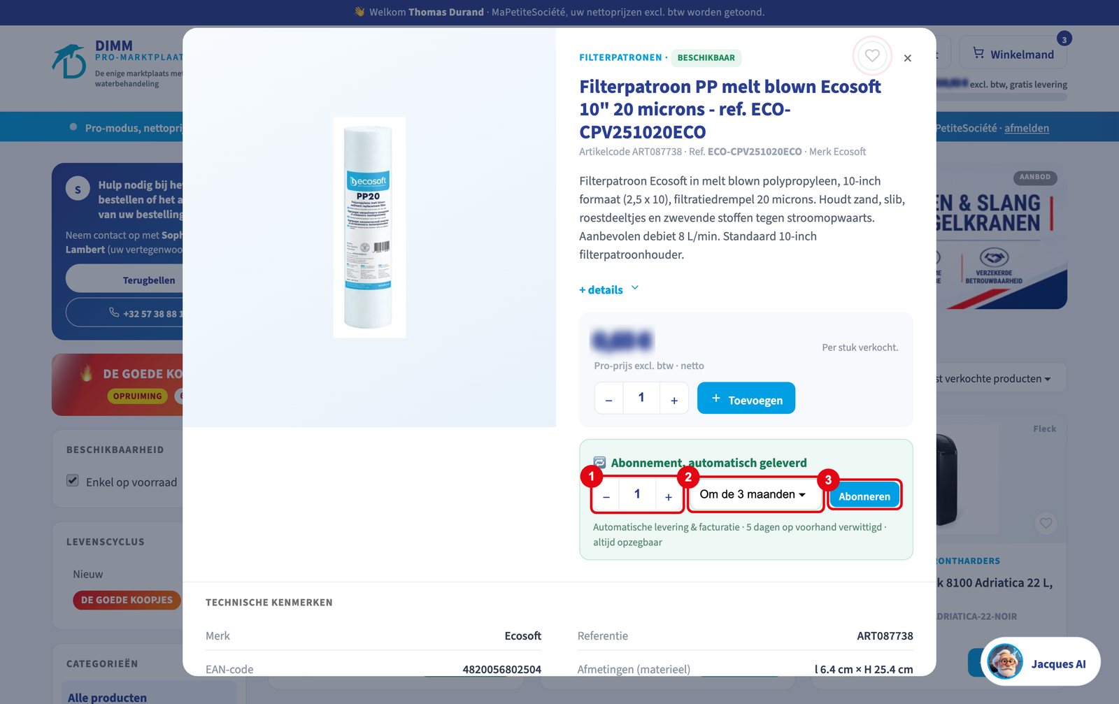 Het blok Abonnement op een productfiche