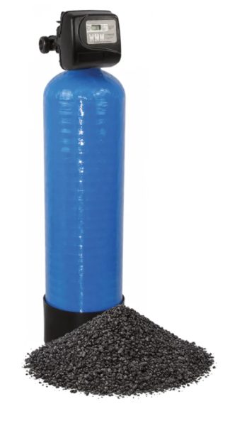 DEFERRISATION PYROSULITE - VANNE CLACK WS1.25TC FILTRE 155L PYROLUSITE + SABLE - BOUTEILLE 21X62 AVEC EMBASE AVEC BYPASS ET RACCORDS 1''1/4 DROIT, réf. CLACK-WS1.25TC-PYROLUSITE-150, Clack