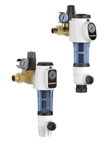 PORTE FILTRE SEMI-AUTOMATIQUE POUR EAU DE VILLE - 3 M3/H RACCORDEMENT EN 3/4'' OU 1'' FEM. - PRESSION DE 1 A 10 BAR CARTOUCHE INOX SS316L EN 40 MICRON - TEMP. 5°C - 40°C AVEC MANOMETRE ET REDUCTEUR DE PRESSION (réf. YDROFILTER-CPF-3-L), Ydrofilter