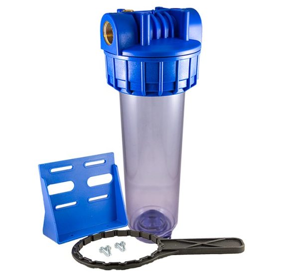Blue filter housing 3p 9''3/4 - inlet/outlet 1'' transparent PET bowl - with wrench/bracket, Dimm